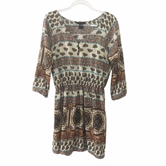 Timing Paisley Floral Print Earth Tone Colors Boho Style Dress Y2K Retro - Large - Picture 1 of 7